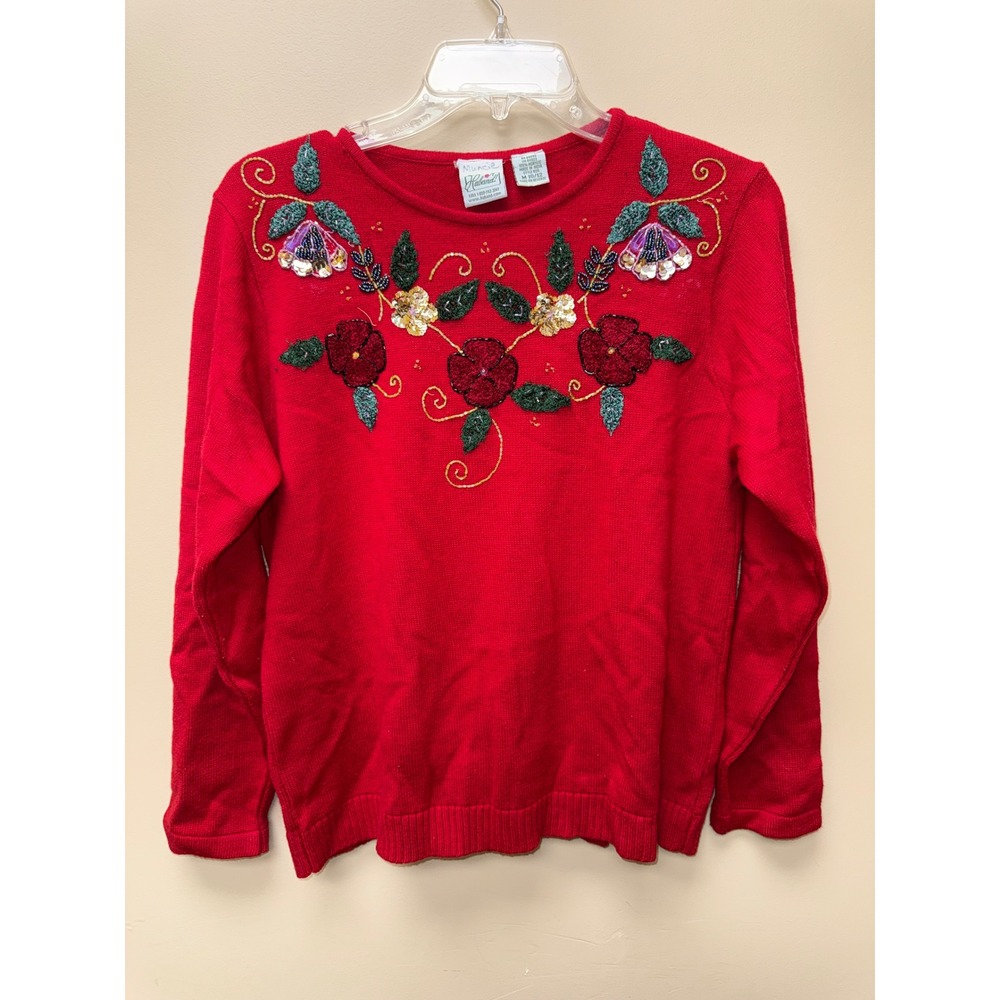 Haband Womens Red Floral Embroidered Sequin Beaded Knit Sweater Size M 10/12